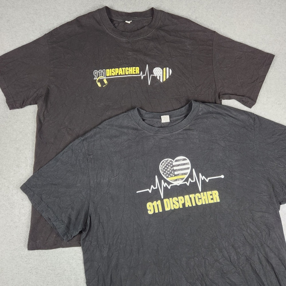 Mens T-Shirt 2XL Black 911 Dispatcher Thin Gold Line Graphic Crew Neck Lot of 2